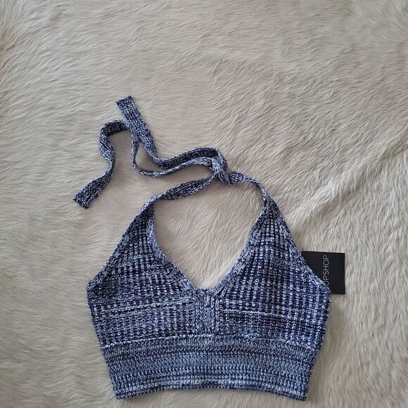 NEW Topshop Women’s Halter Top Size 4 Navy Blue Knit Crop Crochet Stretch Y2K - Picture 1 of 10